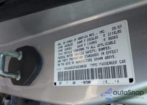 2007 Acura Tl 3.2 из США, поврежденный, VIN 19UUA66207A036836